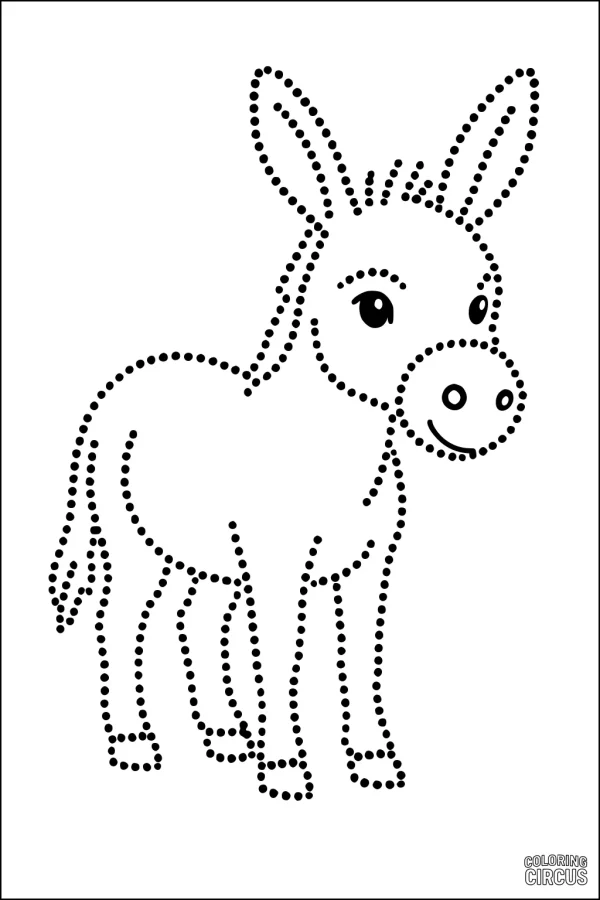 Coloring page showing a simple outline of a smiling donkey made from large dots, ideal for young children