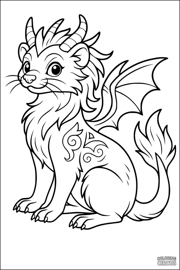 Coloring page featuring a magical ferret with dragon wings and horns