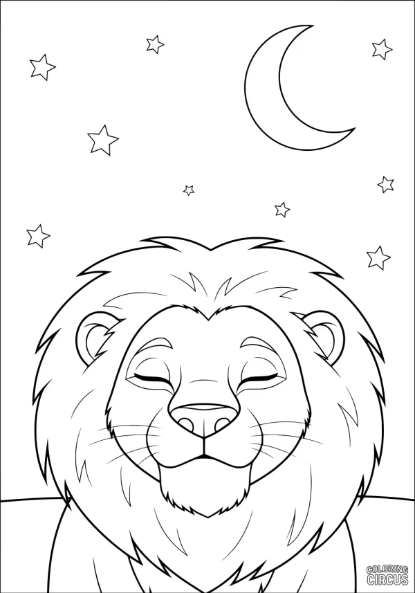 Coloring page featuring a sleeping lion under a crescent moon and stars