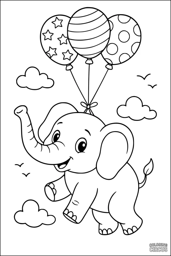 Coloring page featuring a cartoon elephant flying with balloons among clouds.