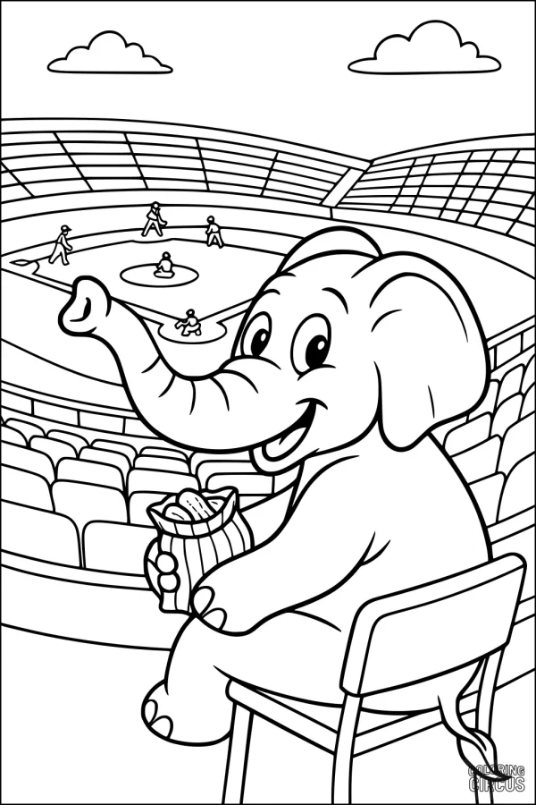 Coloring page of a happy cartoon elephant eating peanuts in a stadium during a baseball game