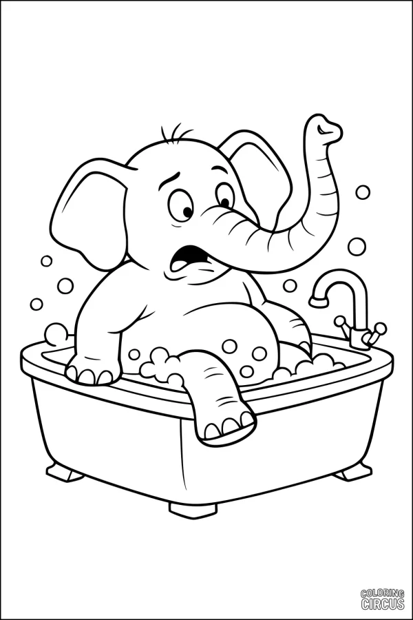 Coloring page of a cartoon elephant sitting in a bathtub with bubbles, looking surprised
