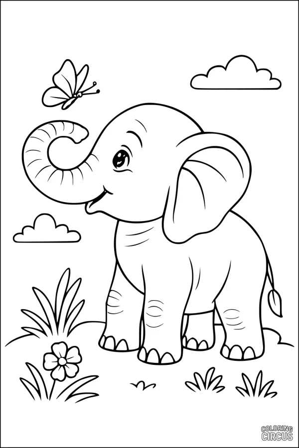 Coloring page featuring a cartoon elephant and butterfly in a sunny meadow with clouds and flowers.