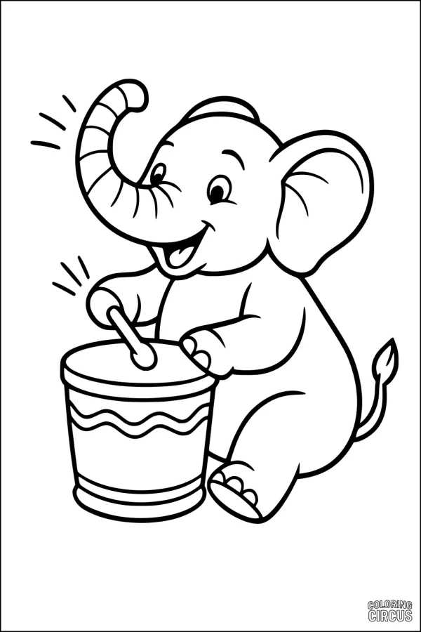 Coloring page featuring a cute elephant playing a drum, ideal for young children