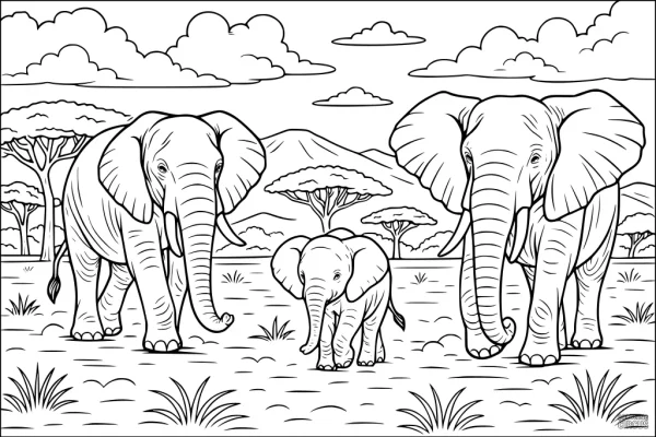 Coloring page showing three elephants in an African savannah landscape with trees and mountains in the background.