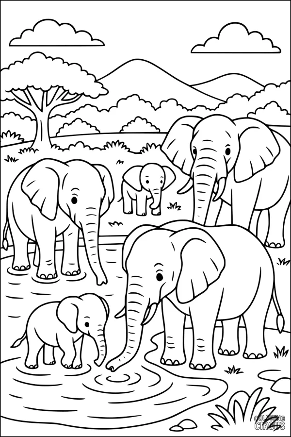 Coloring page with a cartoon elephant family gathering at a waterhole in the savanna, with trees and hills in the background