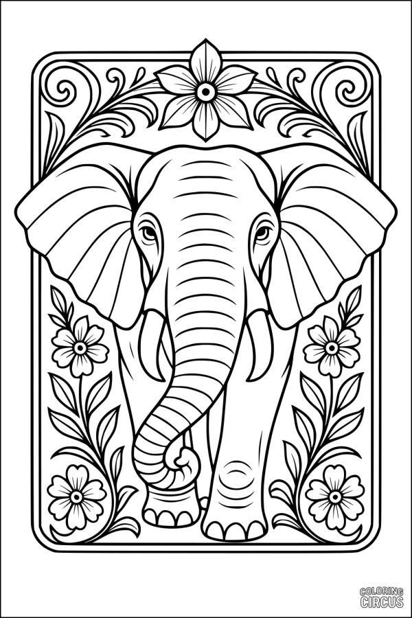Coloring page featuring a detailed elephant surrounded by decorative flowers and leaves, ideal for kids