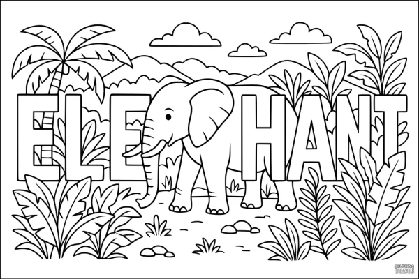Coloring page featuring an elephant with jungle plants and the word 'elephant' in large letters.