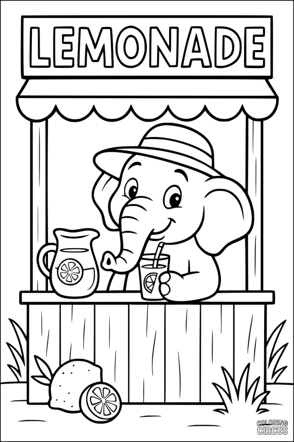 Coloring page of a cute elephant selling lemonade at a stand with lemons and a pitcher