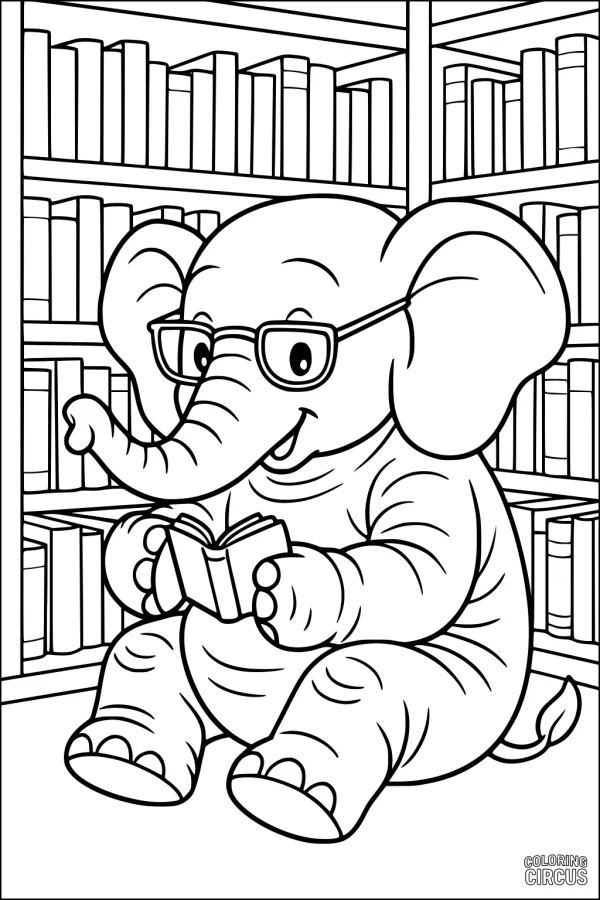 Coloring page of a cartoon elephant wearing glasses and reading a book in a library