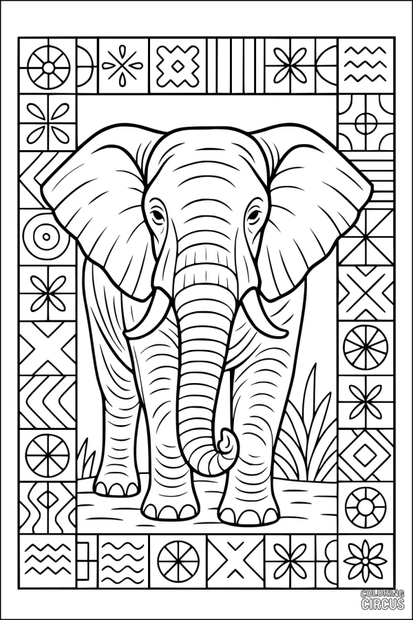 Coloring page featuring an elephant with a decorative pattern border