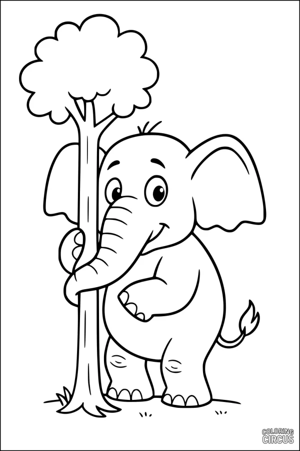 Coloring page of a cartoon elephant peeking from behind a tree