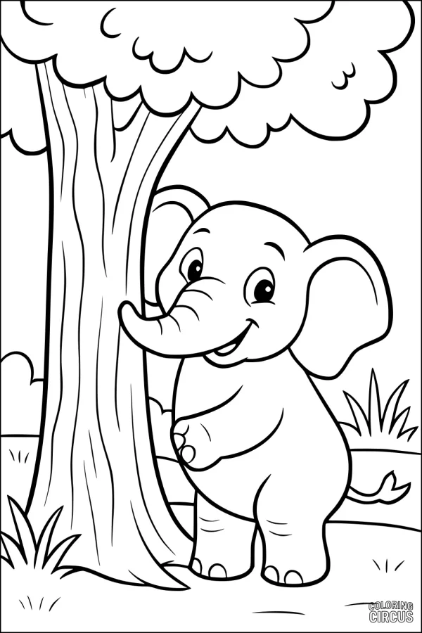 Coloring page featuring a cute elephant peeking from behind a tree with grass and clouds in the background