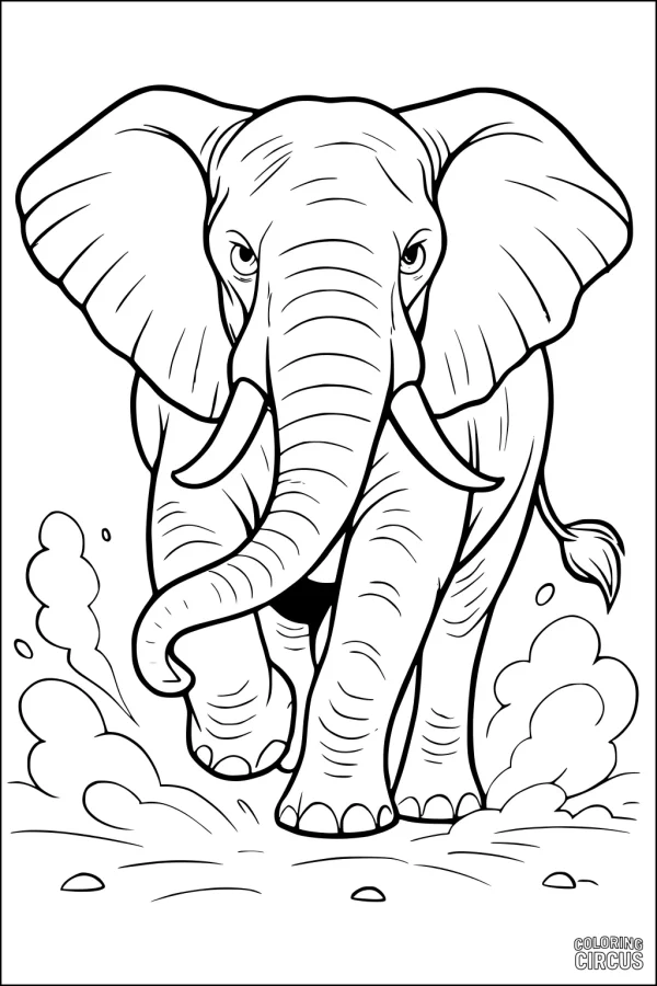 Coloring page of a proud elephant walking across a dusty savanna, viewed from the front, with flapping ears and raised trunk.