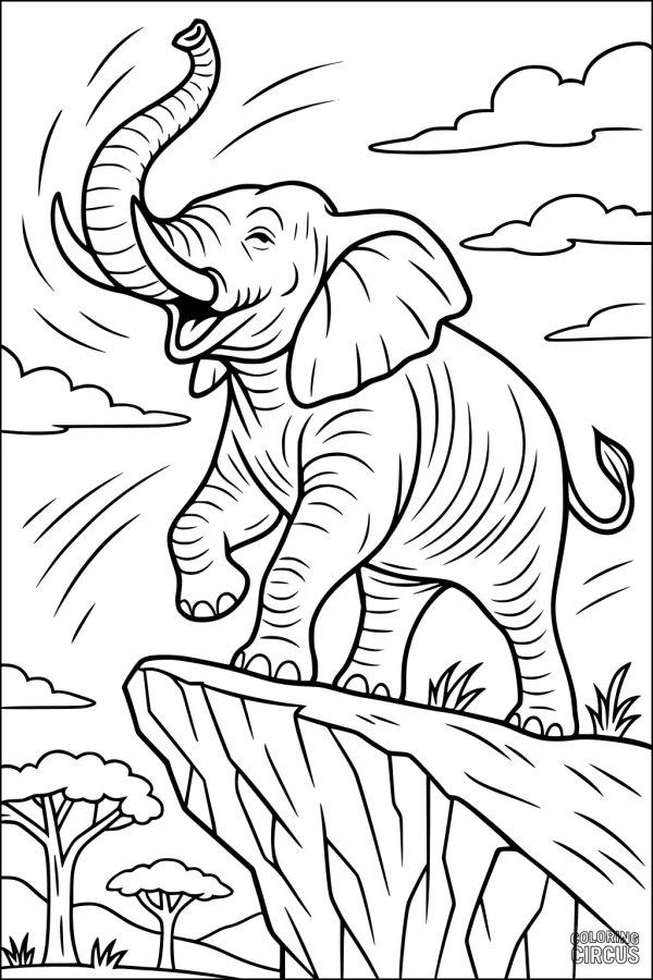 Coloring page showing a happy elephant standing on a cliff in the savannah with trees and clouds in the background