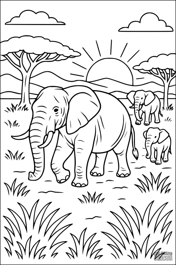 Coloring page showing elephants walking in a grassy savannah with sunrise, trees, and clouds in the background