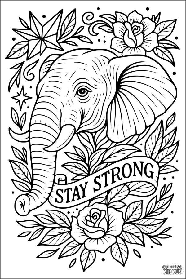 Coloring page featuring an elephant with floral decorations and a 'Stay Strong' banner.