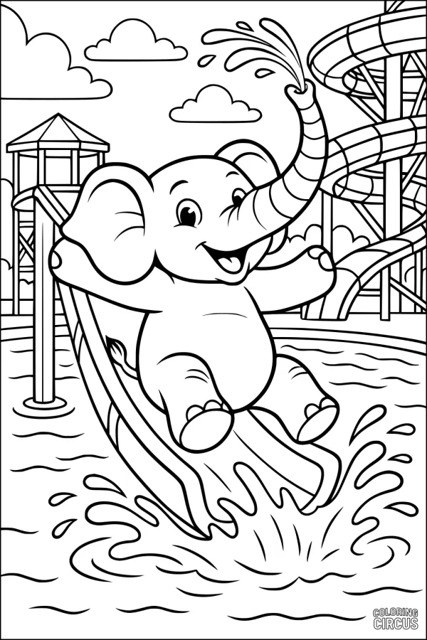 Coloring page cartoon elephant sliding into water at a park