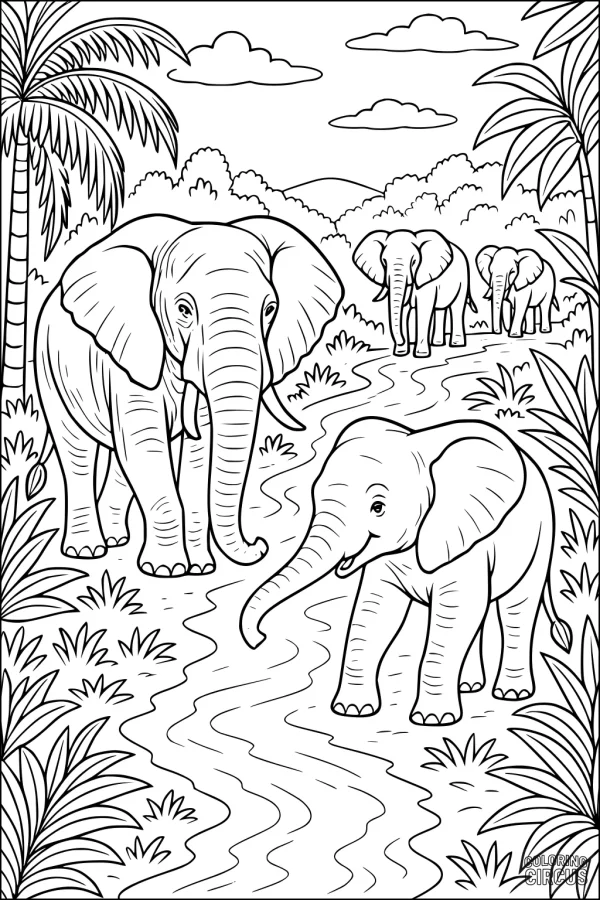 Coloring page showing a family of elephants walking by a river in a jungle with palm trees and plants