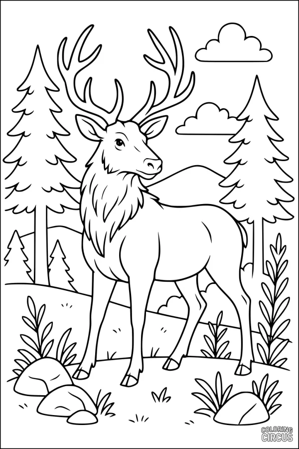 Coloring page featuring an elk standing in a peaceful forest with pine trees, rocks, and clouds