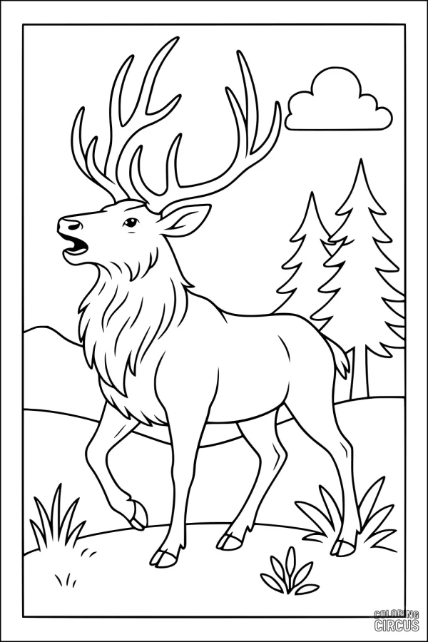 Coloring page elk stands in forest with pines and cloud