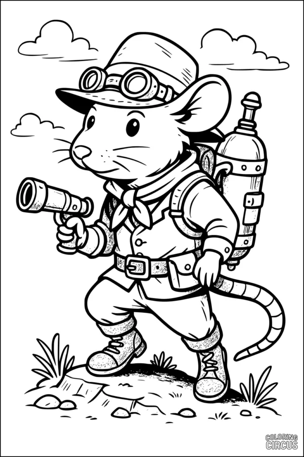 Coloring page of a cartoon rat explorer with hat, goggles, backpack, and telescope on a hilltop