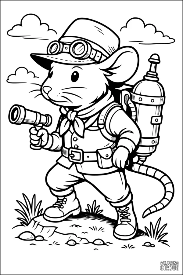 Coloring page featuring a cartoon explorer rat with backpack and spyglass on a grassy hill