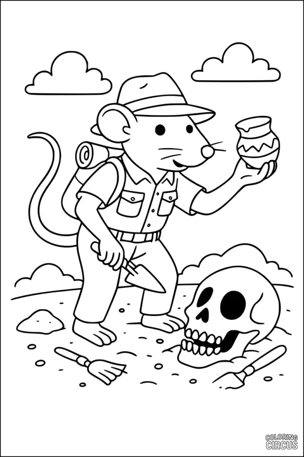 Coloring page of a cartoon rat dressed as an explorer, holding a pot, near a skull and excavation tools in the sand