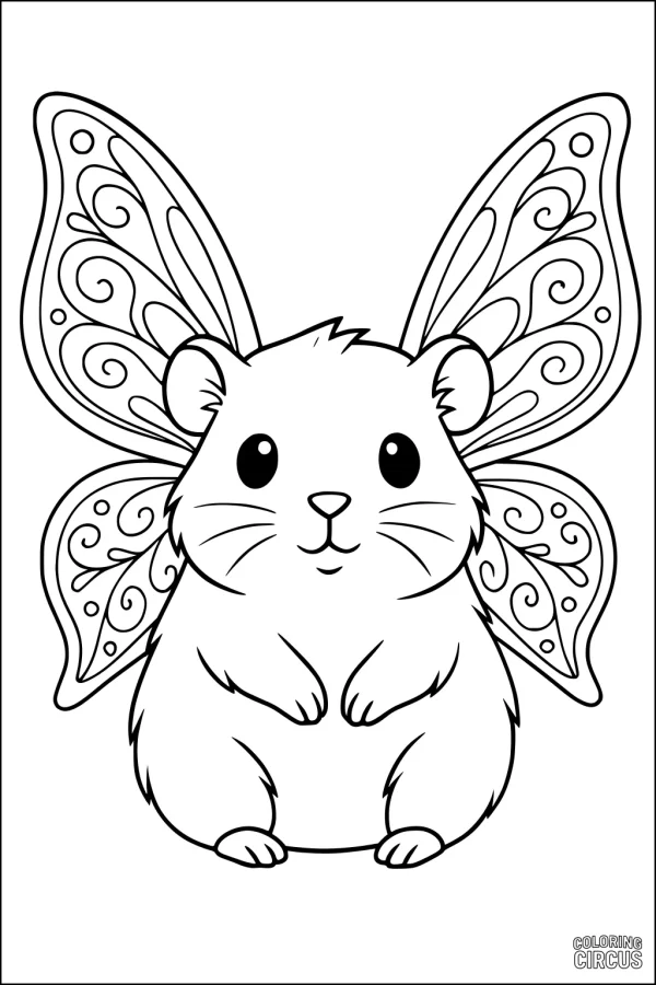 Coloring page featuring a cute guinea pig with large patterned fairy wings, perfect for young children.