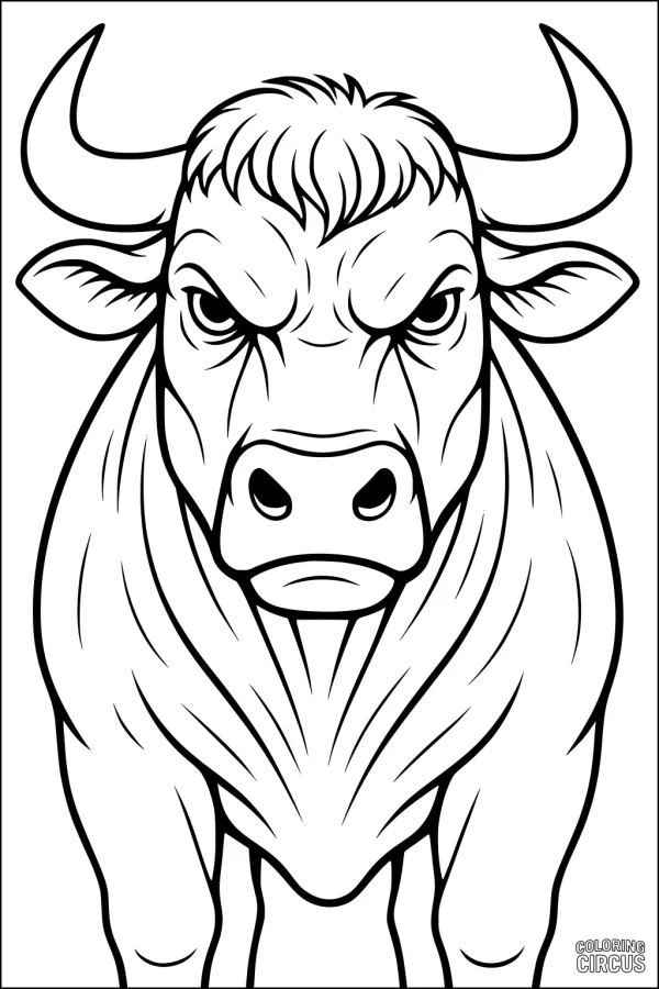 Coloring page of a strong bull with large horns, standing proudly and facing forward