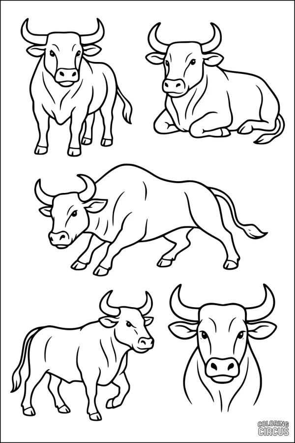 Coloring page with five cartoon bulls in various poses, suitable for children