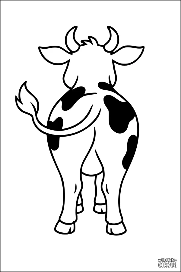 Coloring page of a cartoon cow standing in a field, viewed from behind with playful spots and a swishy tail
