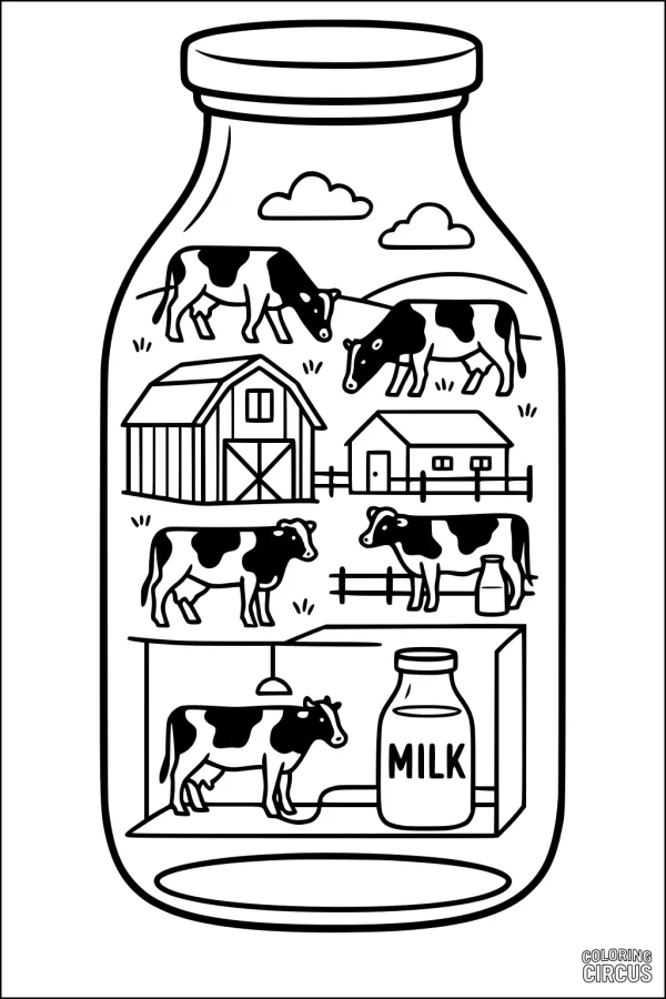 Coloring page showing cows on a farm inside a milk jar, with barns, fences, and milk bottle