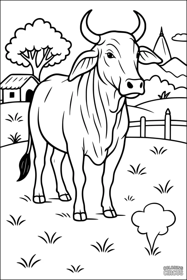 Coloring page showing a cow standing in a sunny farm field with a barn, tree, fence, and mountains in the background