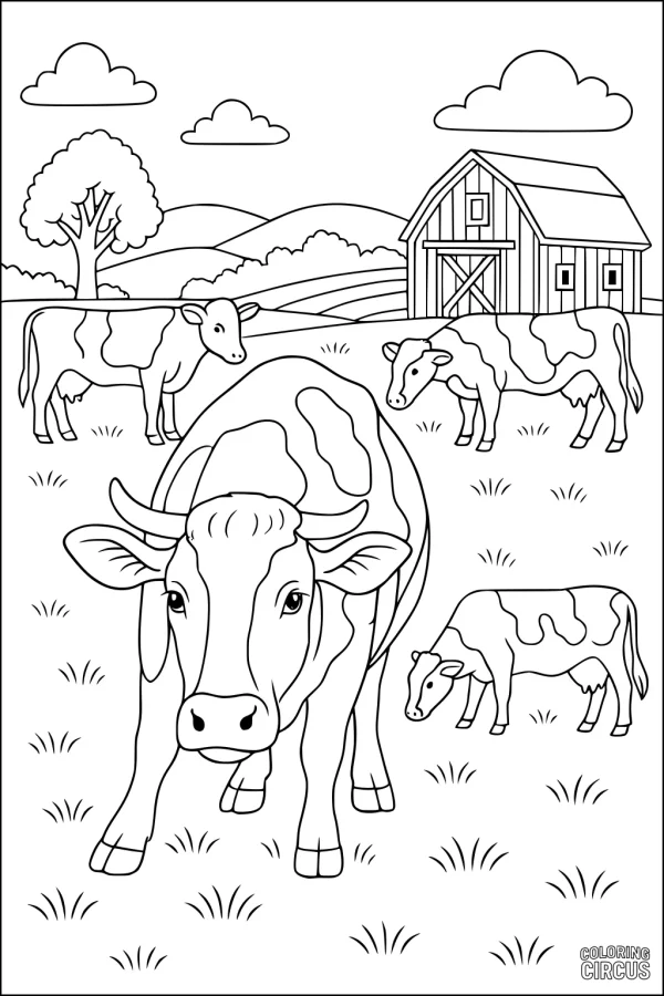 Coloring page showing several cows grazing in a pastoral farm scene with a barn and hills in the background.