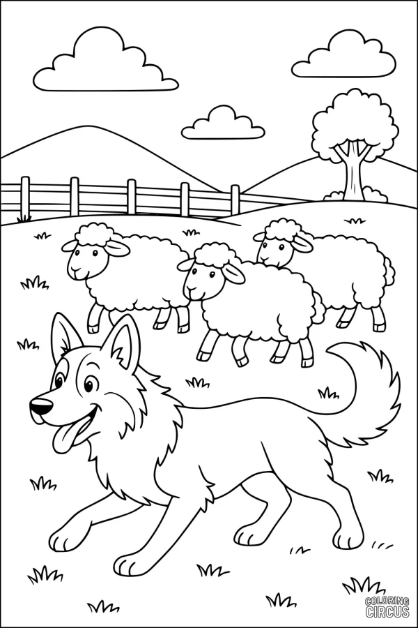 Coloring page featuring a happy sheepdog with three sheep in a sunny farm field with hills and clouds