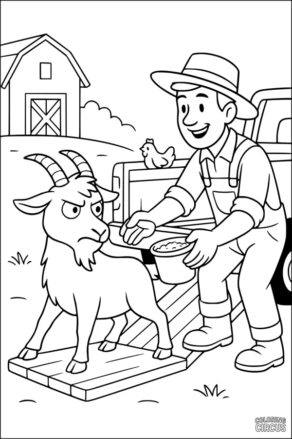 Coloring page of a farmer feeding a stubborn goat near a barn with a chicken in the background