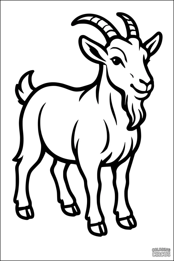 Coloring page featuring a cute cartoon goat with curved horns and a happy expression