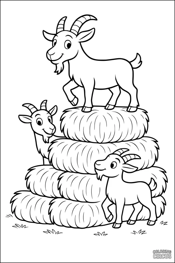 Coloring page with three cartoon goats climbing a stack of hay bales