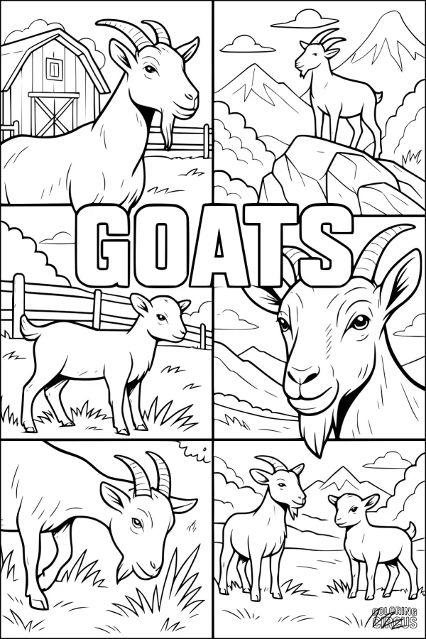 Coloring page showing multiple cartoon goats in a farm and mountain landscape for kids