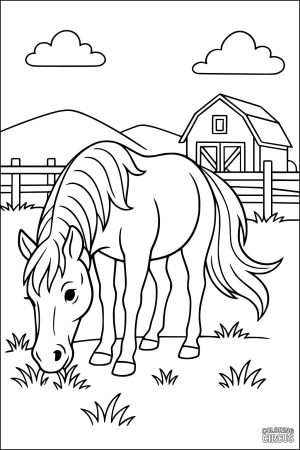 Coloring page showing a horse grazing in a farm setting with barn, fence, and hills in the background