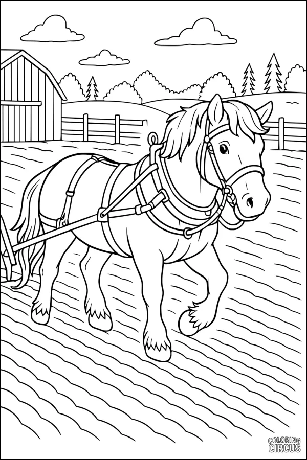 Coloring page featuring a harnessed horse plowing a farm field with barn, fence, and hills in the background