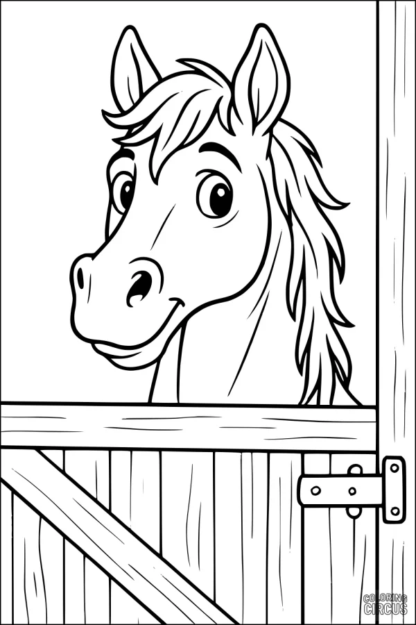 Coloring page featuring a cartoon horse looking out over a barn door in a stable