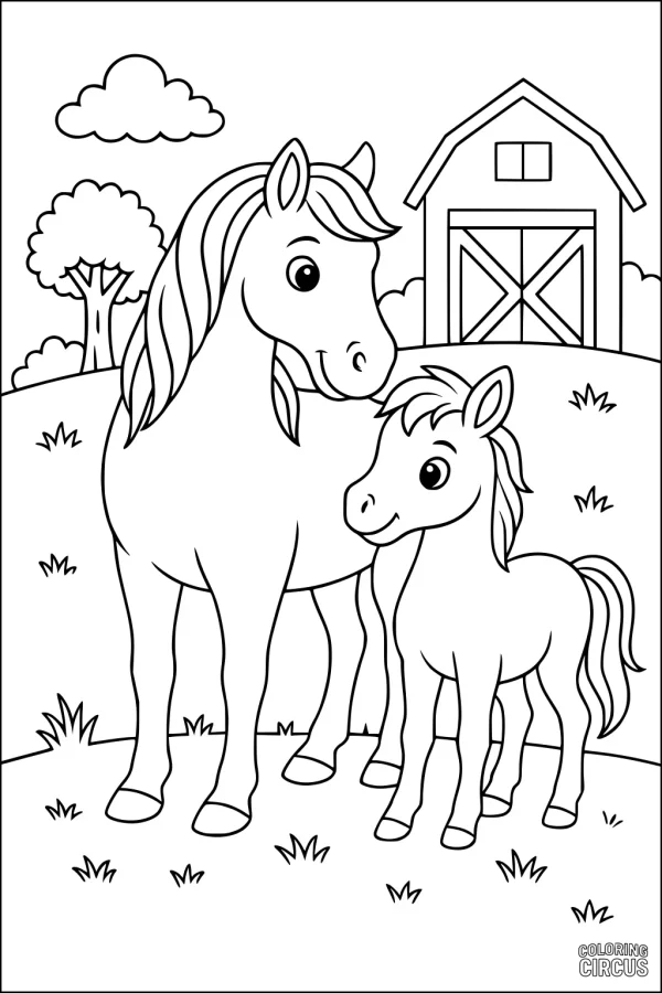 Coloring page showing a happy horse and foal in front of a barn on a sunny farm