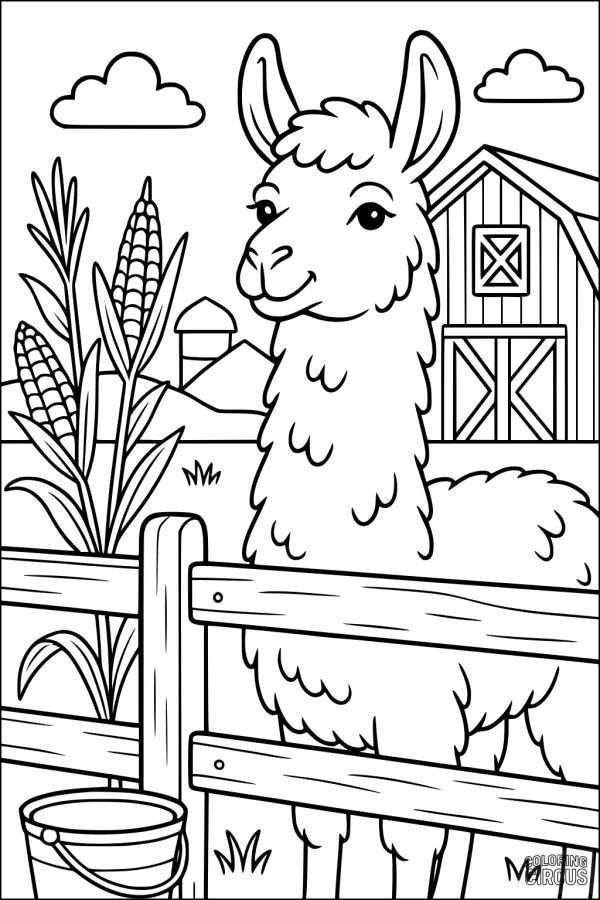 Coloring page featuring a smiling llama by a fence on a farm with corn stalks, a barn, and clouds in the background.