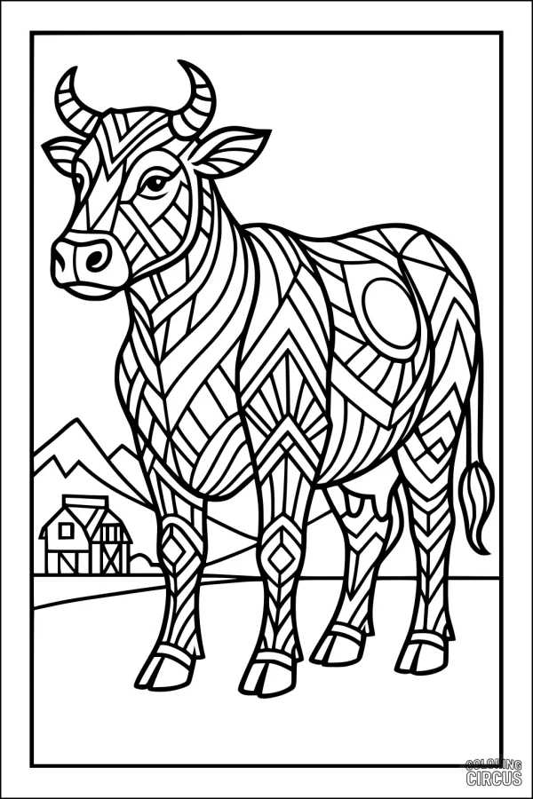 Coloring page of a patterned cow with geometric shapes, a barn, and mountains in the background