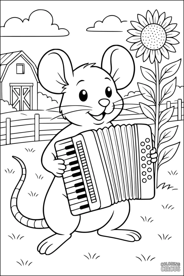 Coloring page of a mouse playing accordion next to a sunflower on a farm
