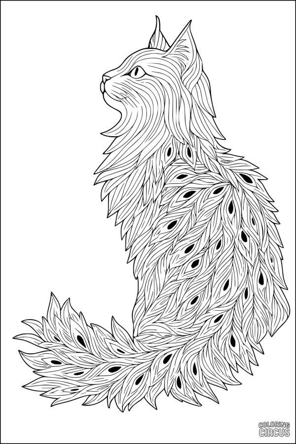 Coloring page featuring a domestic cat with intricate feather-patterned fur