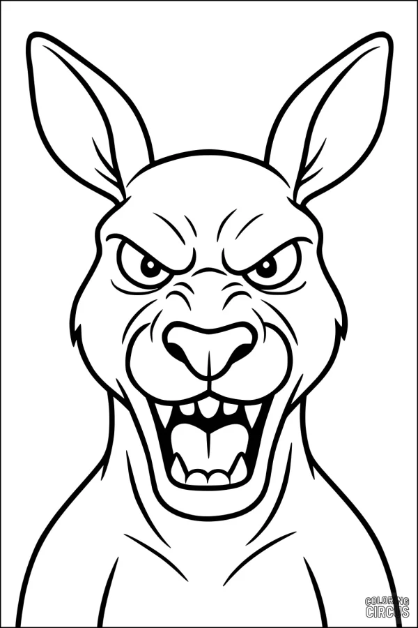 Coloring page angry kangaroo face with open mouth and big ears