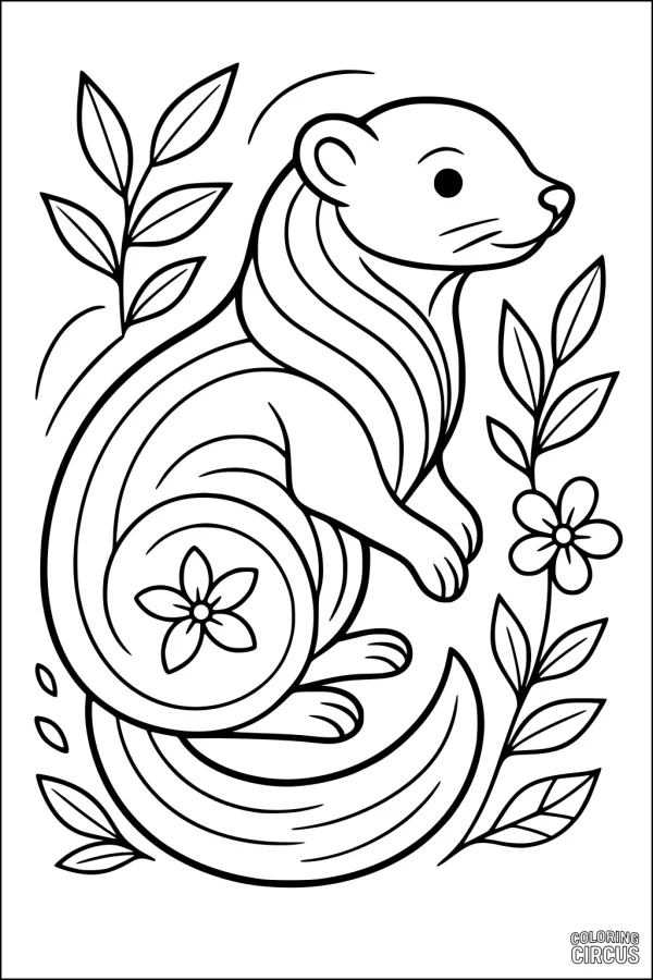 Coloring page friendly ferret in a flower-filled garden with leaves and blossoms